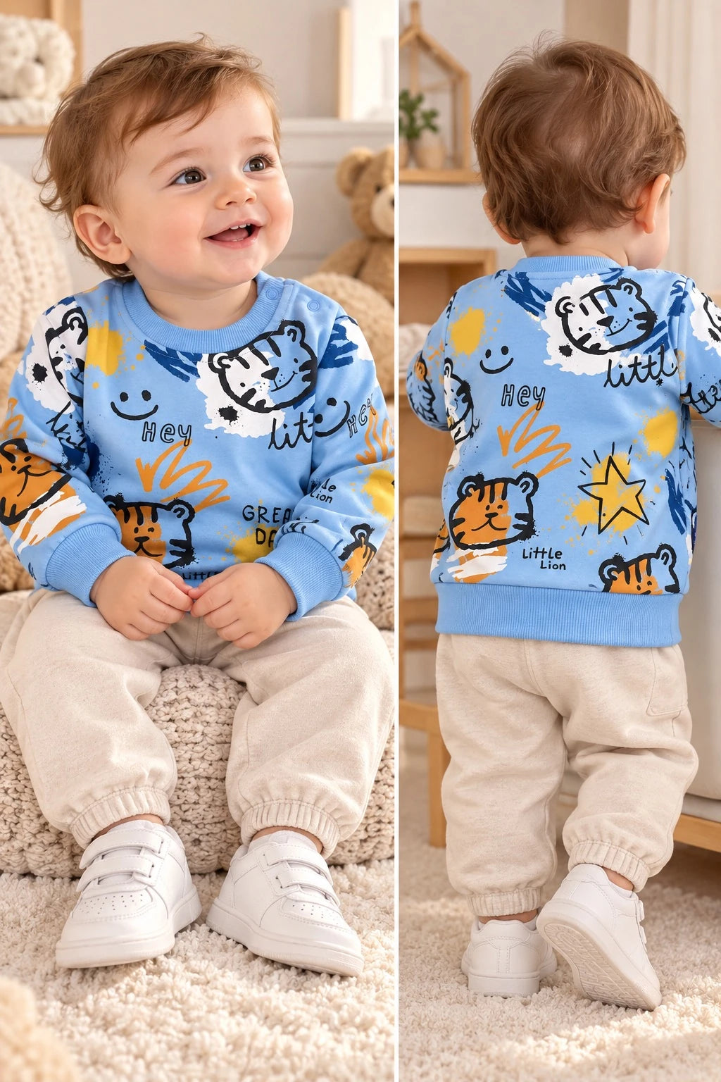 Little Lion Kaplan Baskılı Mavi Bebek Sweatshirt