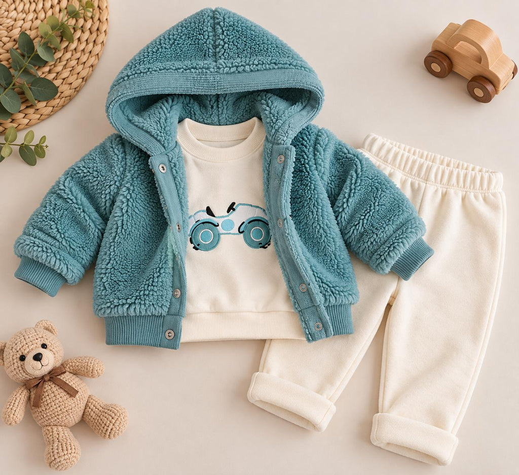 Erkek Bebek Peluş Ceketli Araba Desenli 3’lü Takım – Turkuaz