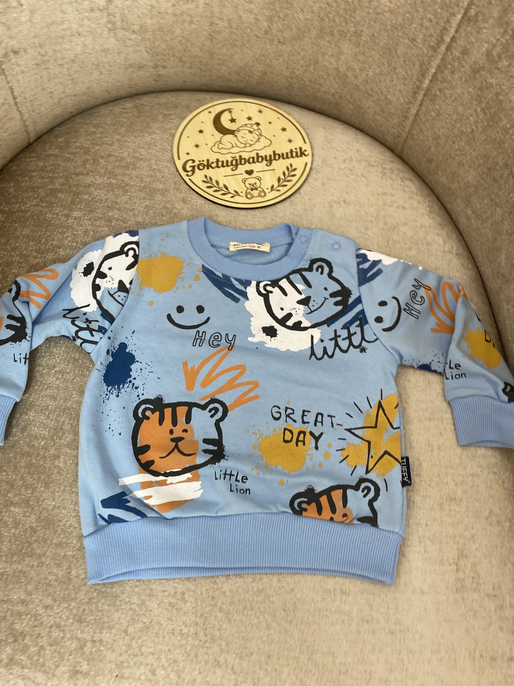 Little Lion Kaplan Baskılı Mavi Bebek Sweatshirt