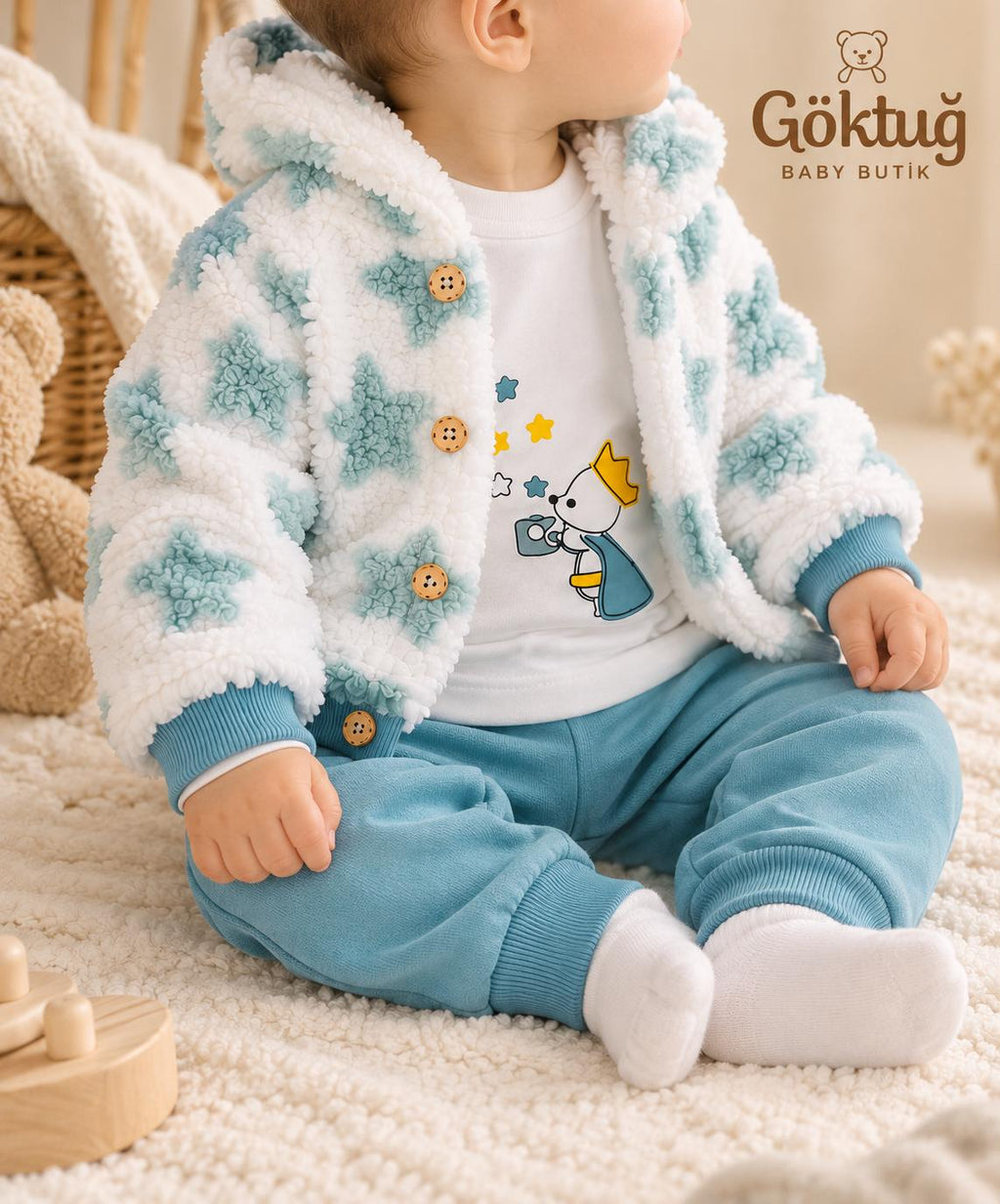 Erkek Bebek Peluş Kapüşonlu Ceketli 3’lü Takım – Mint Mavi