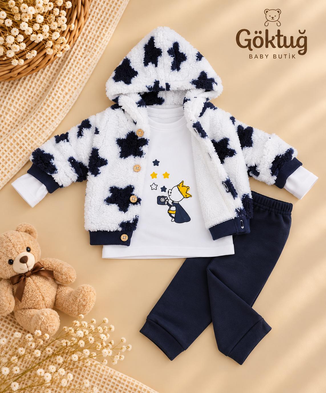 Erkek Bebek Lacivert Yıldız Desenli Peluş Ceketli 3’lü Takım