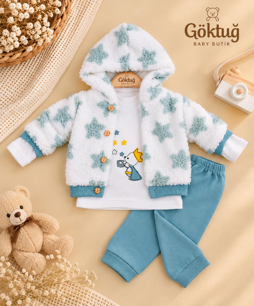 Erkek Bebek Peluş Kapüşonlu Ceketli 3’lü Takım – Mint Mavi