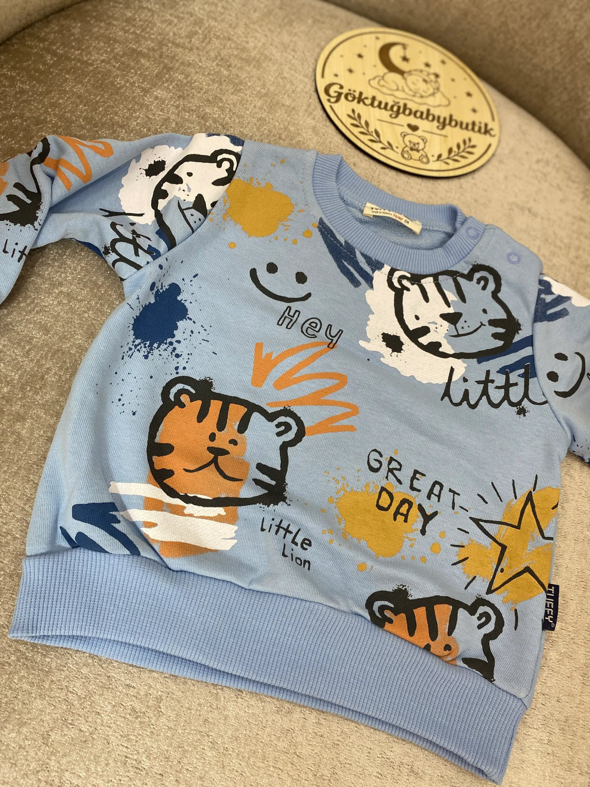 Little Lion Kaplan Baskılı Mavi Bebek Sweatshirt