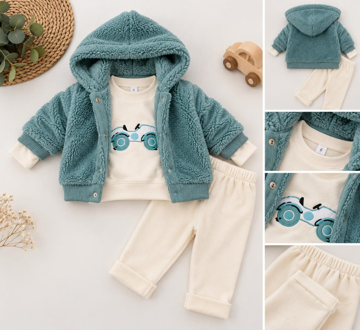 Erkek Bebek Peluş Ceketli Araba Desenli 3’lü Takım – Turkuaz