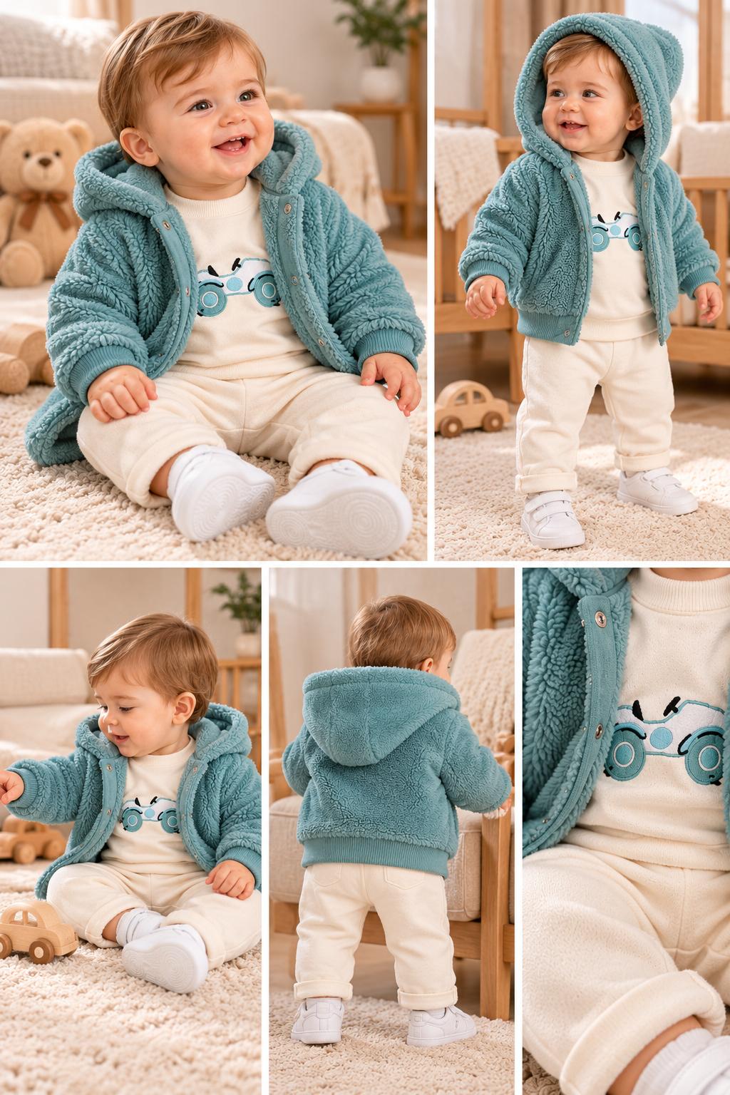 Erkek Bebek Peluş Ceketli Araba Desenli 3’lü Takım – Turkuaz
