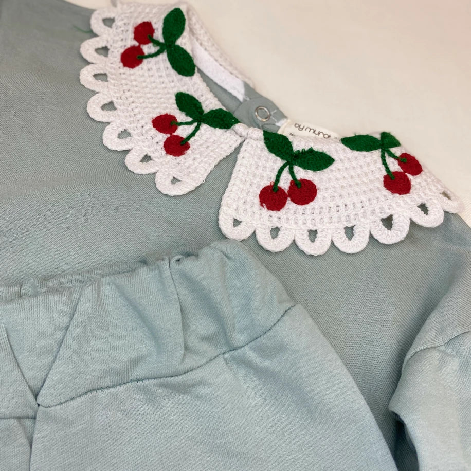 Kiraz Detaylı Dantel Yakalı Kız Bebek Takım