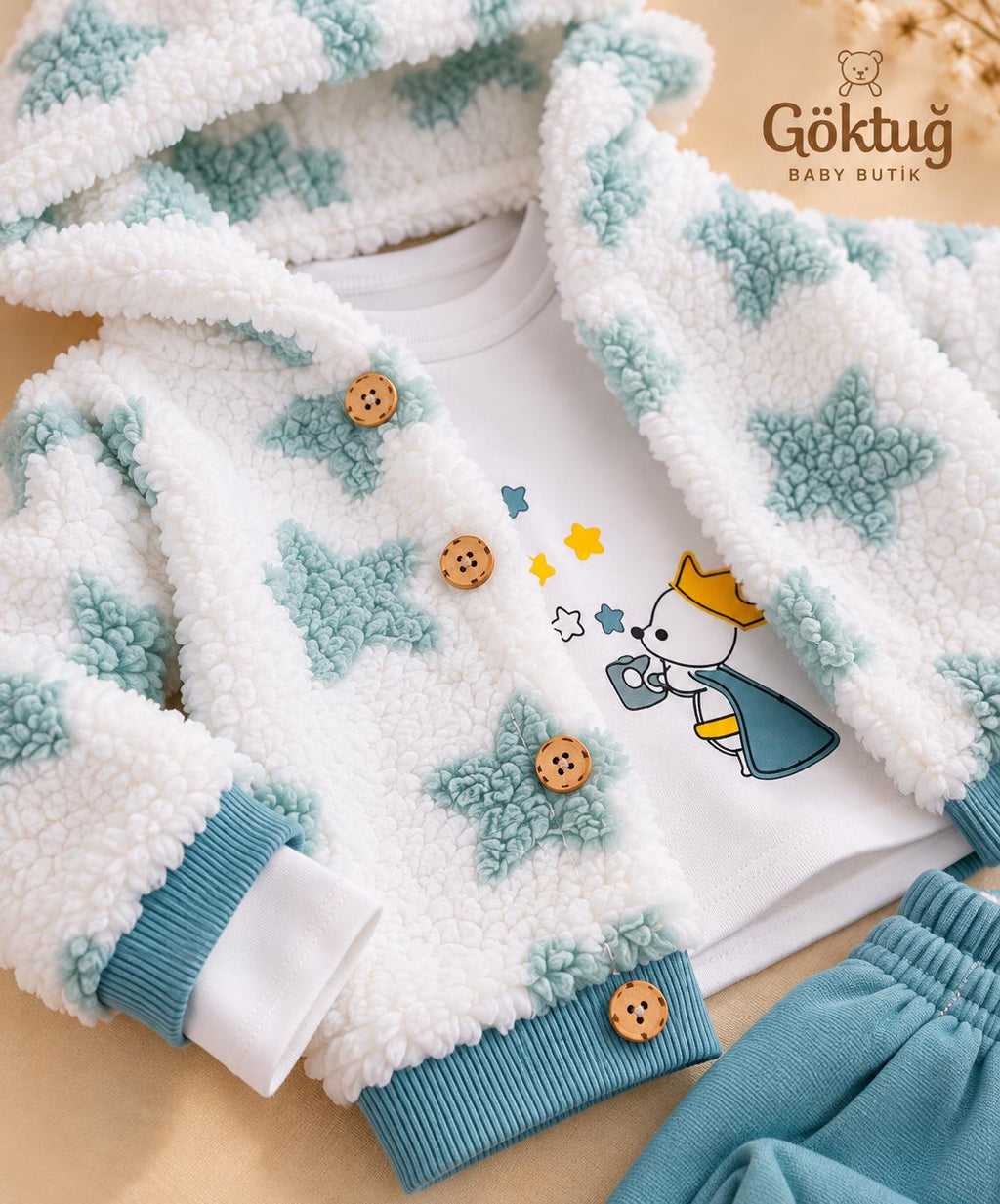 Erkek Bebek Peluş Kapüşonlu Ceketli 3’lü Takım – Mint Mavi