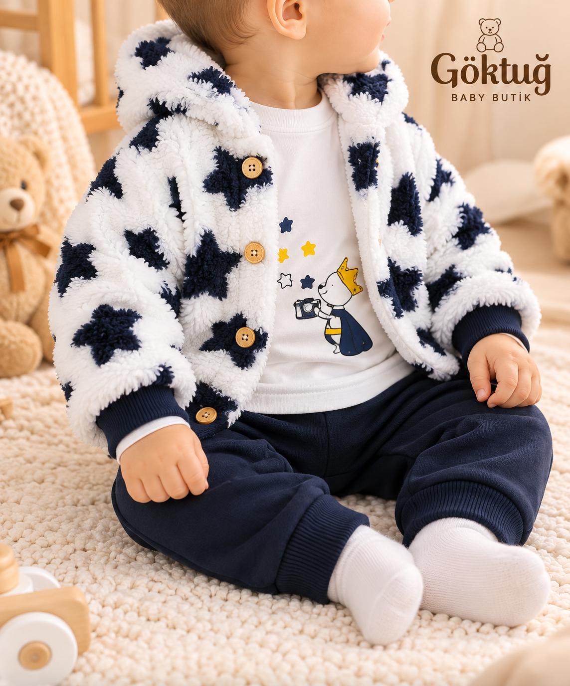 Erkek Bebek Lacivert Yıldız Desenli Peluş Ceketli 3’lü Takım