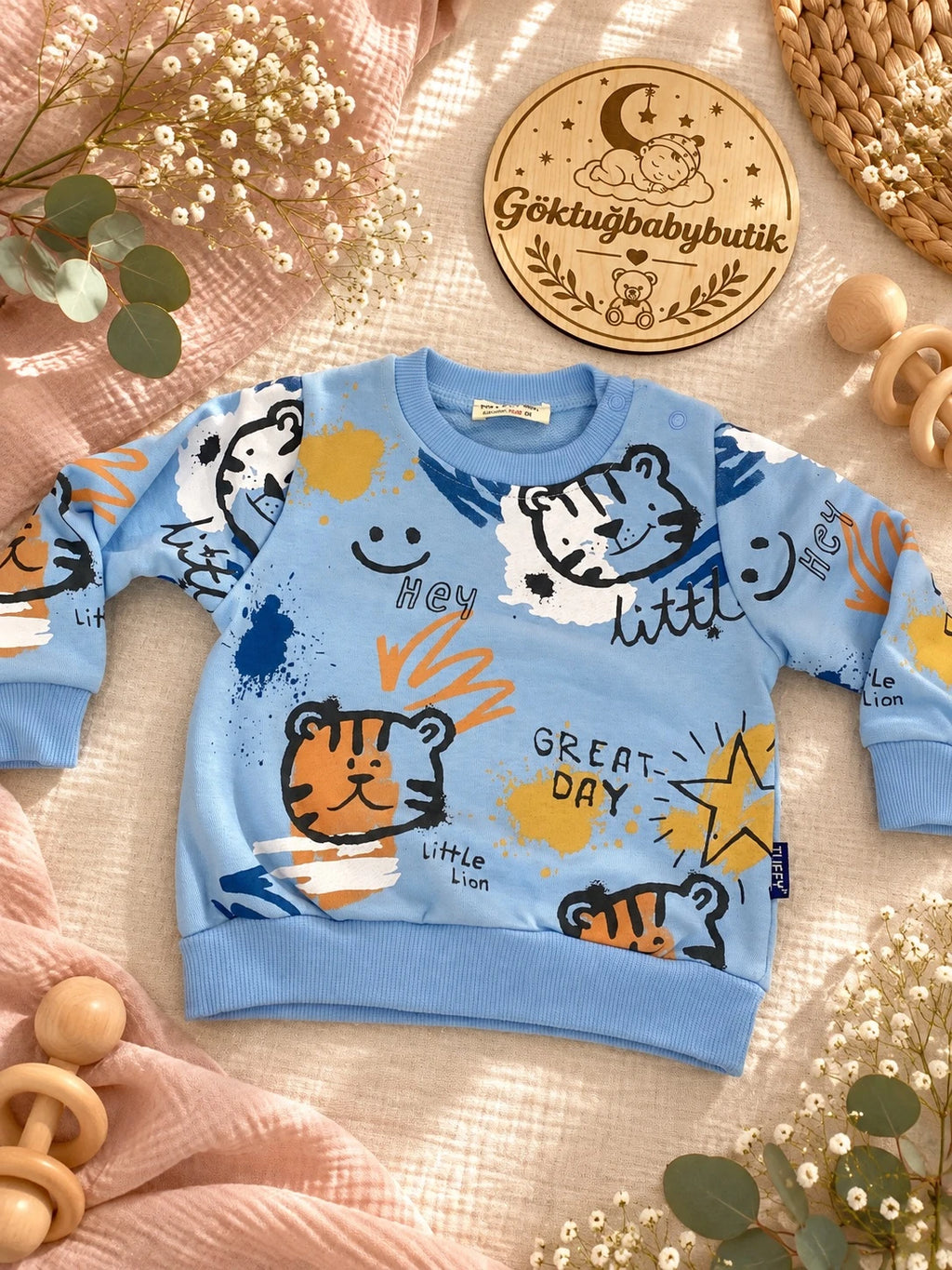 Little Lion Kaplan Baskılı Mavi Bebek Sweatshirt