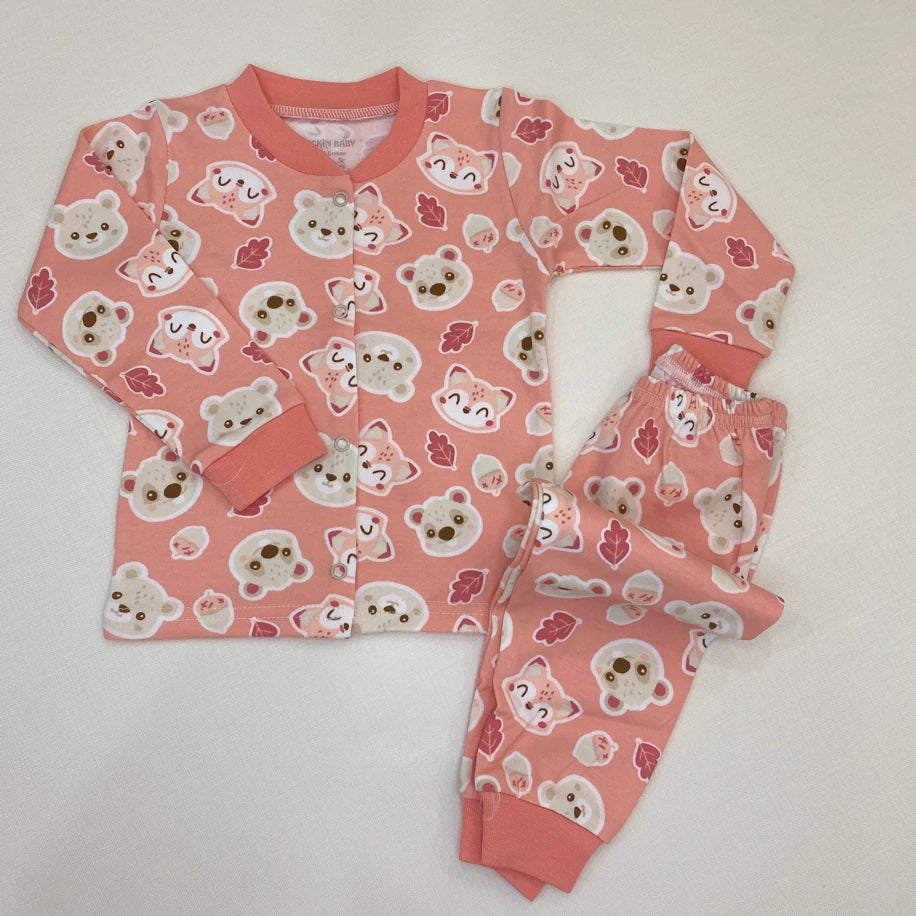 Ayıcık & Tilki Desenli Bebek Takımı – Pembe %100 Pamuk