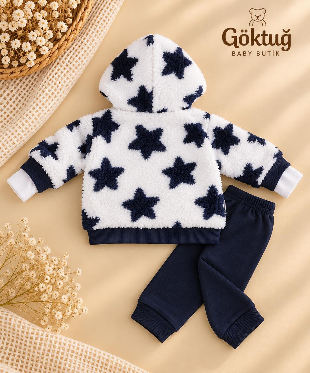 Erkek Bebek Lacivert Yıldız Desenli Peluş Ceketli 3’lü Takım