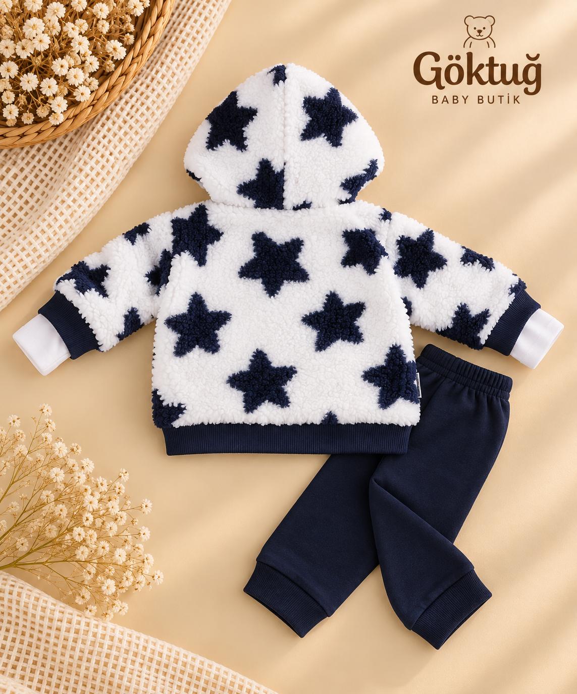 Erkek Bebek Lacivert Yıldız Desenli Peluş Ceketli 3’lü Takım