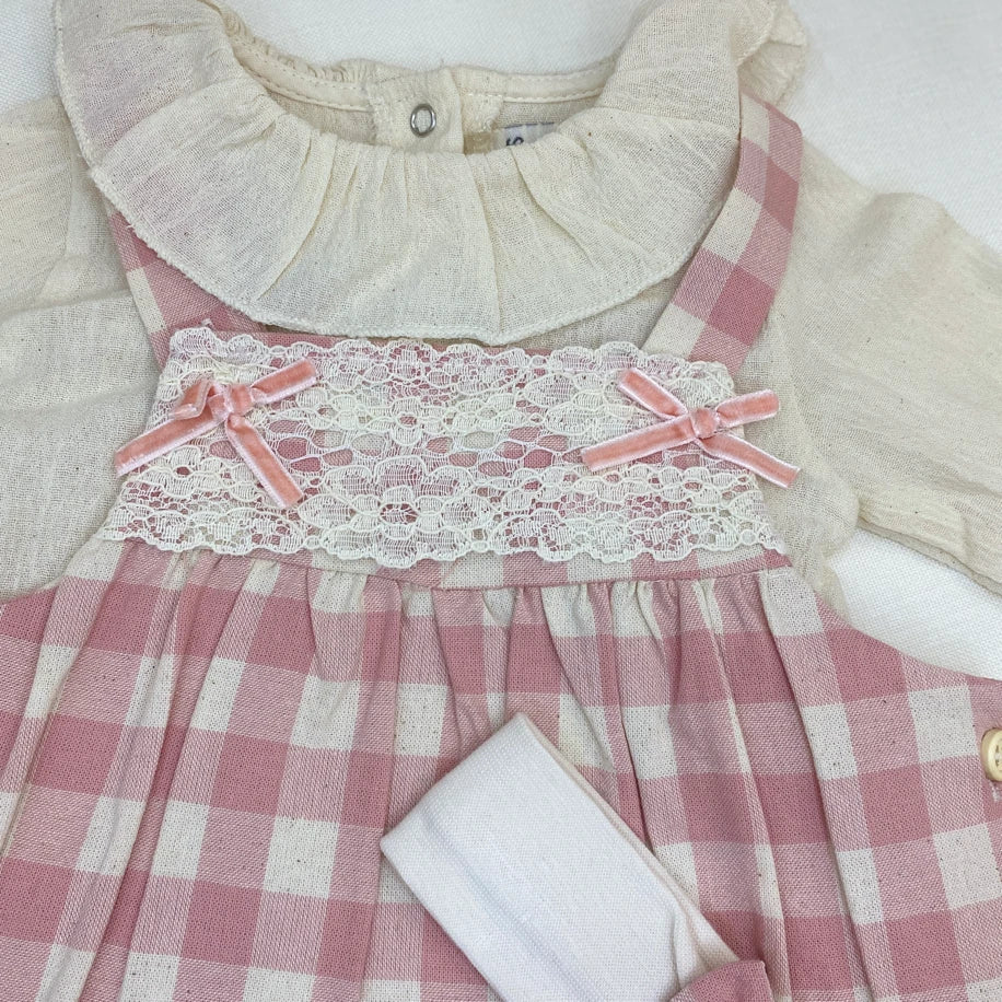 Pembe Dantel Detaylı Bebek Salopet Takımı
