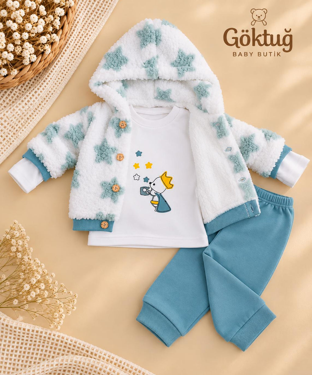 Erkek Bebek Peluş Kapüşonlu Ceketli 3’lü Takım – Mint Mavi