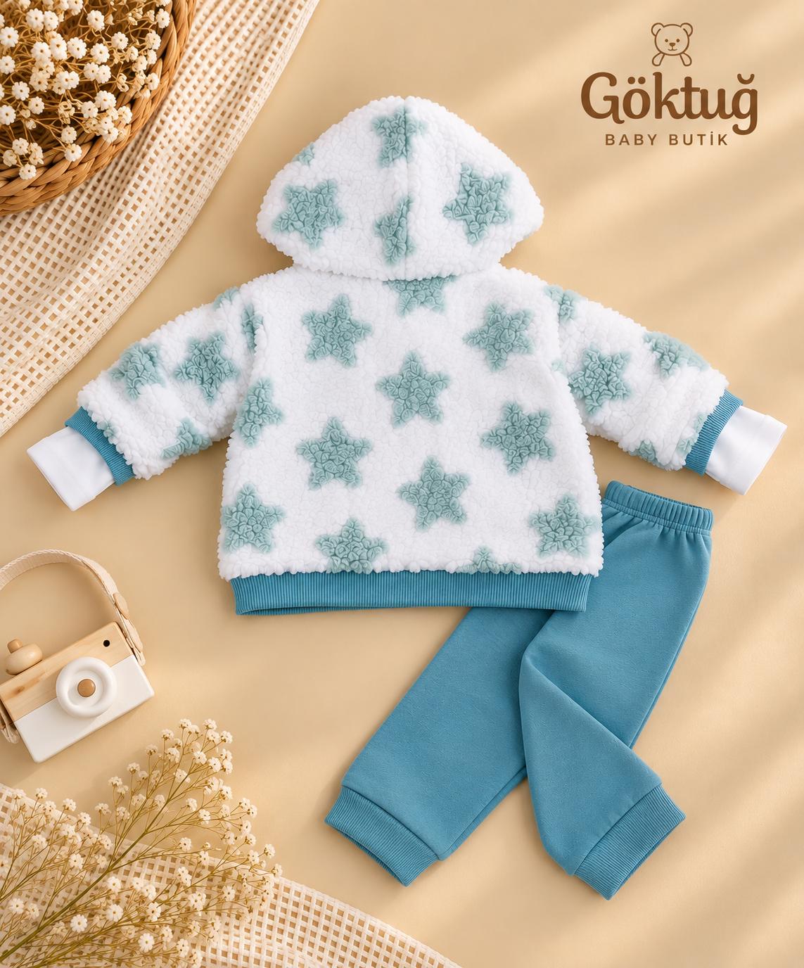 Erkek Bebek Peluş Kapüşonlu Ceketli 3’lü Takım – Mint Mavi