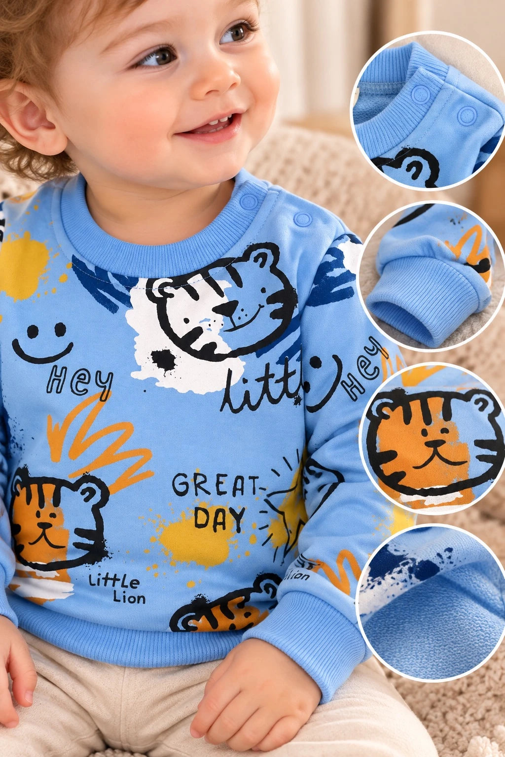 Little Lion Kaplan Baskılı Mavi Bebek Sweatshirt